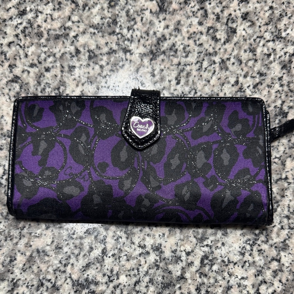 Coach Purple and Black Signature Floral Wallet